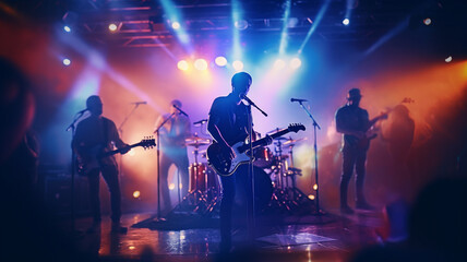 group of musicians in neon lights - obrazy, fototapety, plakaty