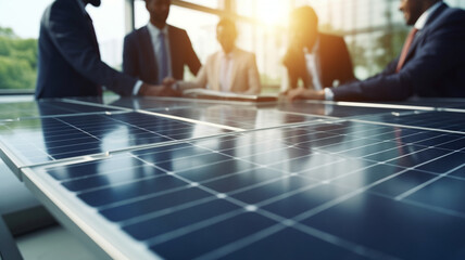 group of people with solar panels on table in office