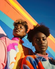 African American teenage girls dressed in colorful clothing posing in front of a colorfully painted wall