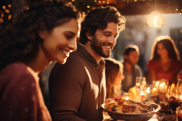 Young people at festive dinner party