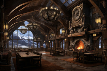 Fototapeta premium Interior of a Great Hall, Snow-covered Mountains can be seen through large Windows in the Background