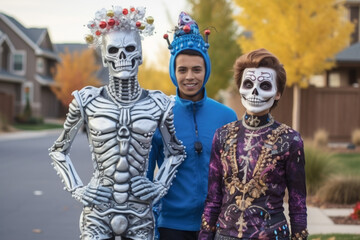 Fototapeta na wymiar Three Teenagers in Halloween Costumes