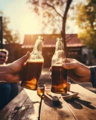 Foto auf Acrylglas Two friends cheersing with blank beer bottles near a rustic wooden table © PixelPaletteArt