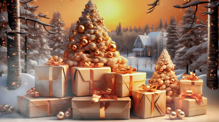 Composition with golden gifts and christmas fir trees. Generative AI
