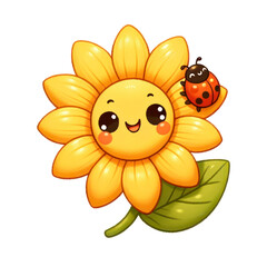 Cheerful sunflower with a cute smiling face. Its golden-yellow petals radiate joy and warmth. A tiny ladybug is perched on one of its leaves, waving hello. Isolated background. Cartoon Cute Png.