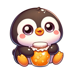 Round-faced cute cartoon penguin with big eyes, sitting happily on isolated background, holding a honey jar. Cartoon Cute Png.