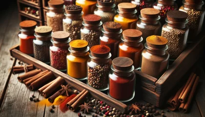  Several open spice jars revealing the vibrant hues of spices, set beside a rustic wooden spice rack, exuding an aromatic essence. © PixelPaletteArt