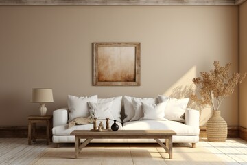 cozy living room with rustic wooden furniture and sofa