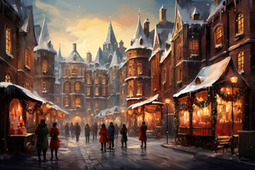 Obraz premium Christmas in the Winter City Illustration