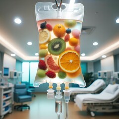 In a well-lit clinical room, an IV drip bag filled with vitamin infusion therapy saline is showcased. The saline inside the bag has hues of tropical fruits.. 
 Generative AI - obrazy, fototapety, plakaty