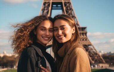 Beautiful women friends is taking selfie in front of the Eiffel Tower in Paris
