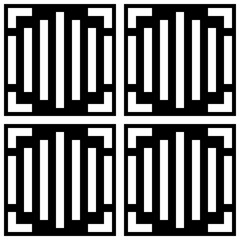 Repeated white figures on black background. Ornamental wallpaper. Seamless surface pattern design with symmetrical lines and brackets ornament. Ethnic motif. Digital paper for textile print. Vector