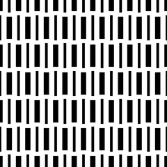 Repeated black geometric figures on white background. Seamless surface pattern design with symmetrical rectangles ornament. Polygons wallpaper. Dashed lines motif. Digital paper with stripes. Vector