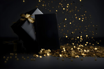 Black frame near black gift box with gold ribbon on the black, gold sparkle background. Shopping, e-commerce concept. Black Friday idea