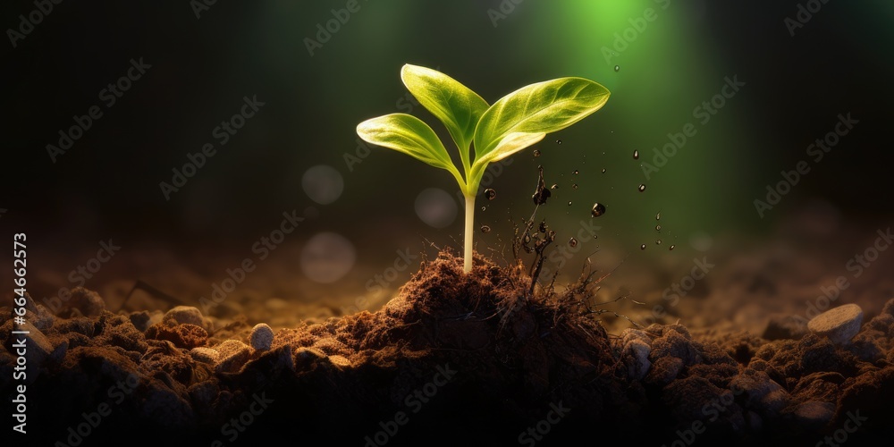 Wall mural a tiny green sprout emerges, surrounded by a sunlit forest's blurred backdrop.