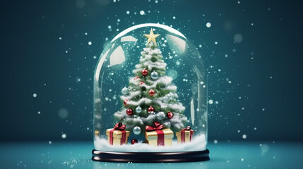 Christmas Tree In Glass snow globe Christmas Hanging Fir Branch With Gift Boxes. generative ai