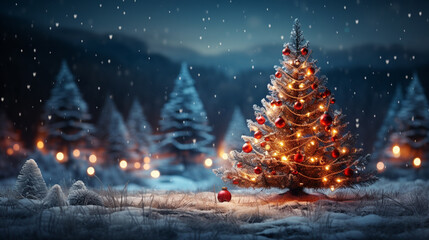 Night winter forest fantasy landscape with a Christmas decorated tree. Festive. generative ai