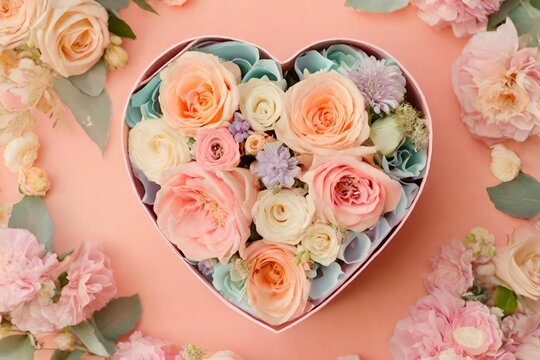 Wunderschöner Blumenstrauß in herzförmiger Schachtel auf pastellfarbenem Hintergrund, Valentinstagsstrauß in herzförmiger Schachtel