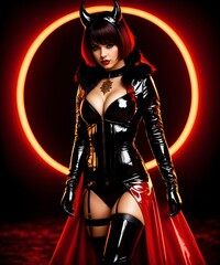 Sexy redhead woman dressed as a devil with horns and leather jacket.