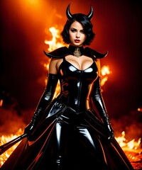 Sexy brunette woman in black latex dress over fire background.