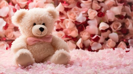 A pink and white teddy bear sitting on a bed of soft, pink rose petals, with a scattering of red heart-shaped confetti, creating a whimsical and romantic scene