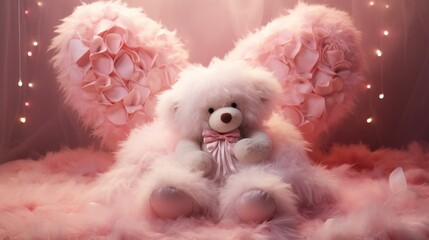 A pink and white teddy bear sitting on a bed of soft pink feathers, the red heart seeming to glow in the delicate, dreamlike atmosphere