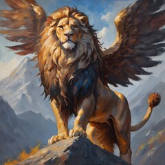 Winged lion standing on the mountain.Generative AI.