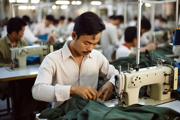 Asian seamstress male workers in textile factory sewing with industrial sewing machines