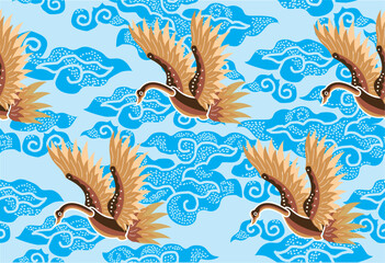 Fototapeta na wymiar Mega Mendung motif, a typical West Java Indonesian batik motif, curved lines with cloud objects, combined with bird motifs