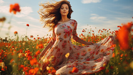 young woman in a white dress with a flower in the field - obrazy, fototapety, plakaty