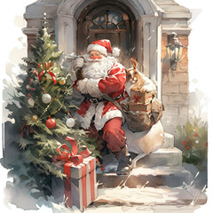 Santa on the doorstep of a house, leaving gifts under the tree
