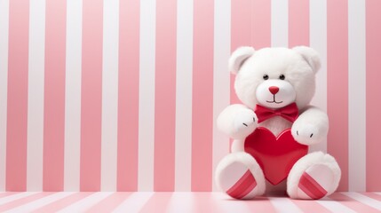 A white teddy bear with pink accents, holding a red heart, standing on a pink and white striped blanket, creating a playful, cheerful scene