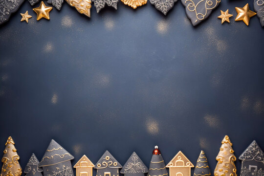 Festive Christmas village made from gingerbread and decorated with icing on a blue glittering background festive Christmas greeting card image wallpaper
