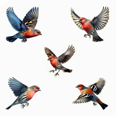 A set of male and female Pine Grosbeaks flying isolated on a white background