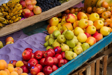 Photo of fruits for sale in a local market in South America. Food concept.