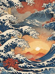 Japanese water wave painting.Generative AI.