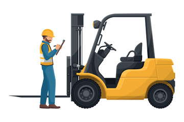 Industrial inspector inspecting a lift truck. Preventive maintenance of an industrial forklift. Industrial storage and distribution of products. Industrial Safety