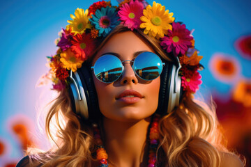 A radiant portrait of a young woman surrounded by bright colors. She wears headphones, sunglasses and her hair is richly decorated with flowers.