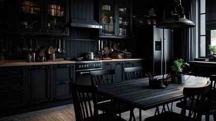 Fototapeta na wymiar modern interior design with black furniture and sofa, 3 d illustration