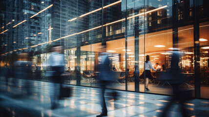 abstract blur of people walking in the lobby of the modern office building