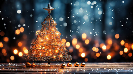 Handmade Christmas tree with snowy background and decorative ornaments. Generative AI - obrazy, fototapety, plakaty