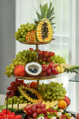 Catering buffet table with set of various fruits and berries. Wedding event