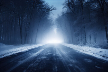 Twilight's Frosty Veil: An Icy Road at Dusk, Headlights Piercing Through the Enigmatic Snowy Mist