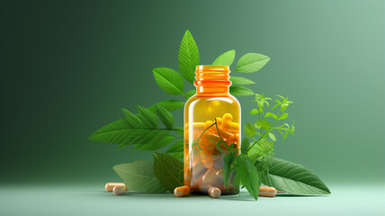 cannabis bottle and hemp leaves on a dark green background. - obrazy, fototapety, plakaty