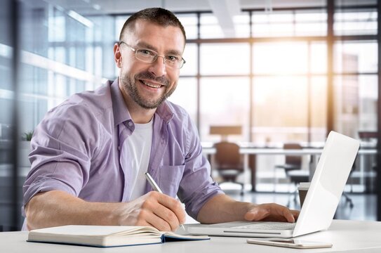 Happy smiling professional business person work in office, AI generated image