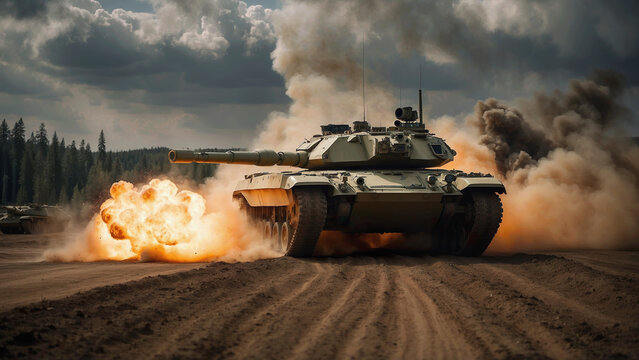 A modern tank getting a hit from a attack drone, IED or anti tank missile. Explosion on the rear and of a Tank. Generative AI.
