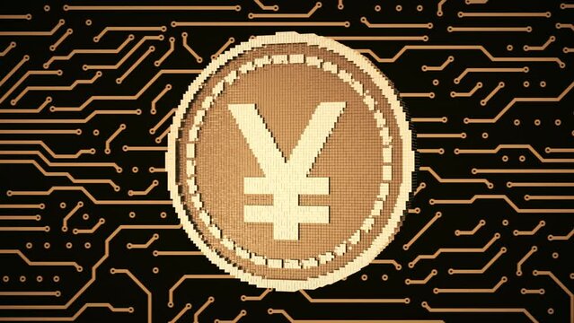 Transformation of a 3d pixel into a digital yen. Seamless looped. 3D animation. 4k.