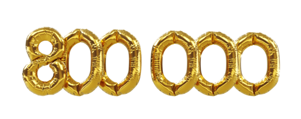 3D render of 800k or 800000 followers thank you Gold balloons, eight hundred thousand gold number balloons