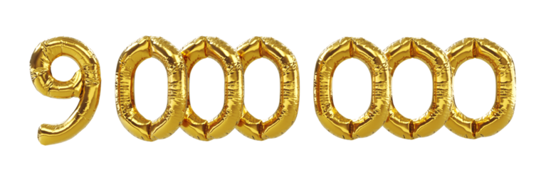 3D render of 8m or 9000000 followers thank you Gold balloons, nine millions gold number balloons