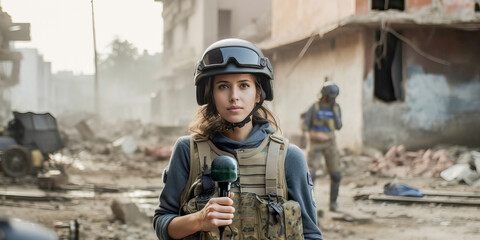 A female war journalist correspondent in bulletproof vest and helmet reporting live near a destroyed building,